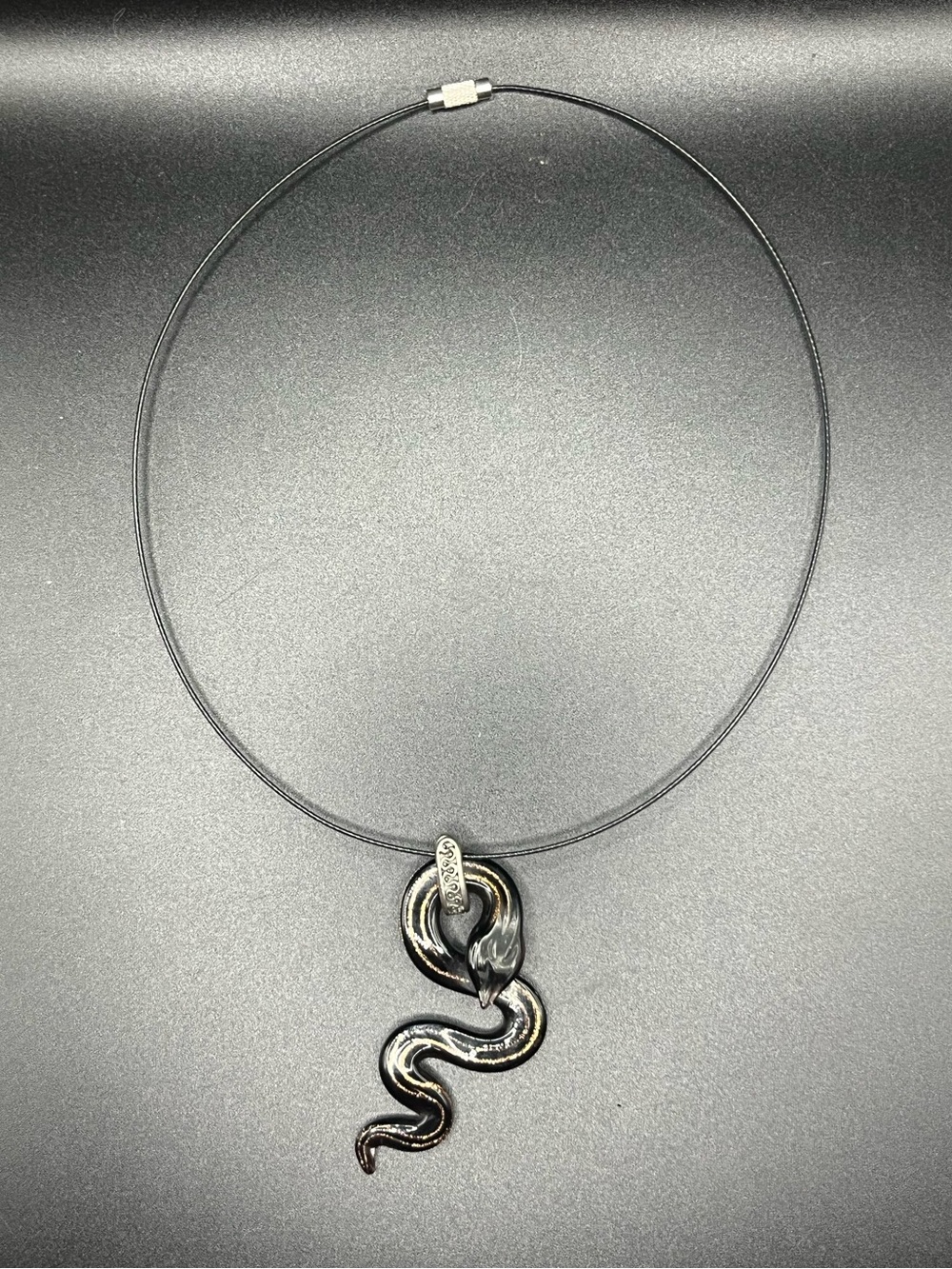 Artisan Glass Snake Pendant Necklace in Black & Metallic Gold